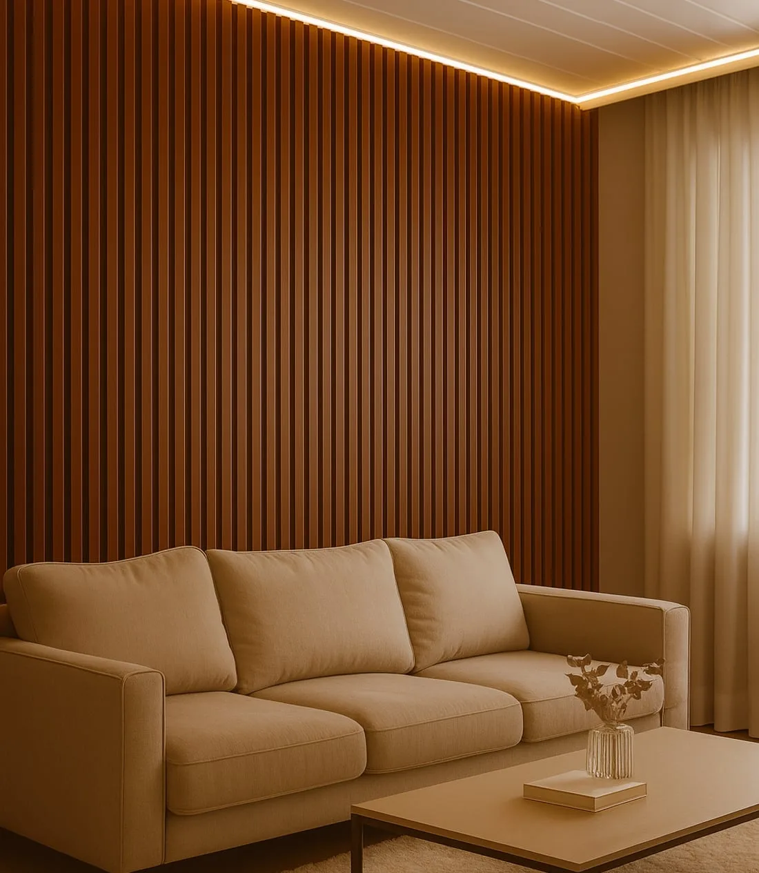 Sala com forro PVC branco frisado e painel ripado Belo Santo