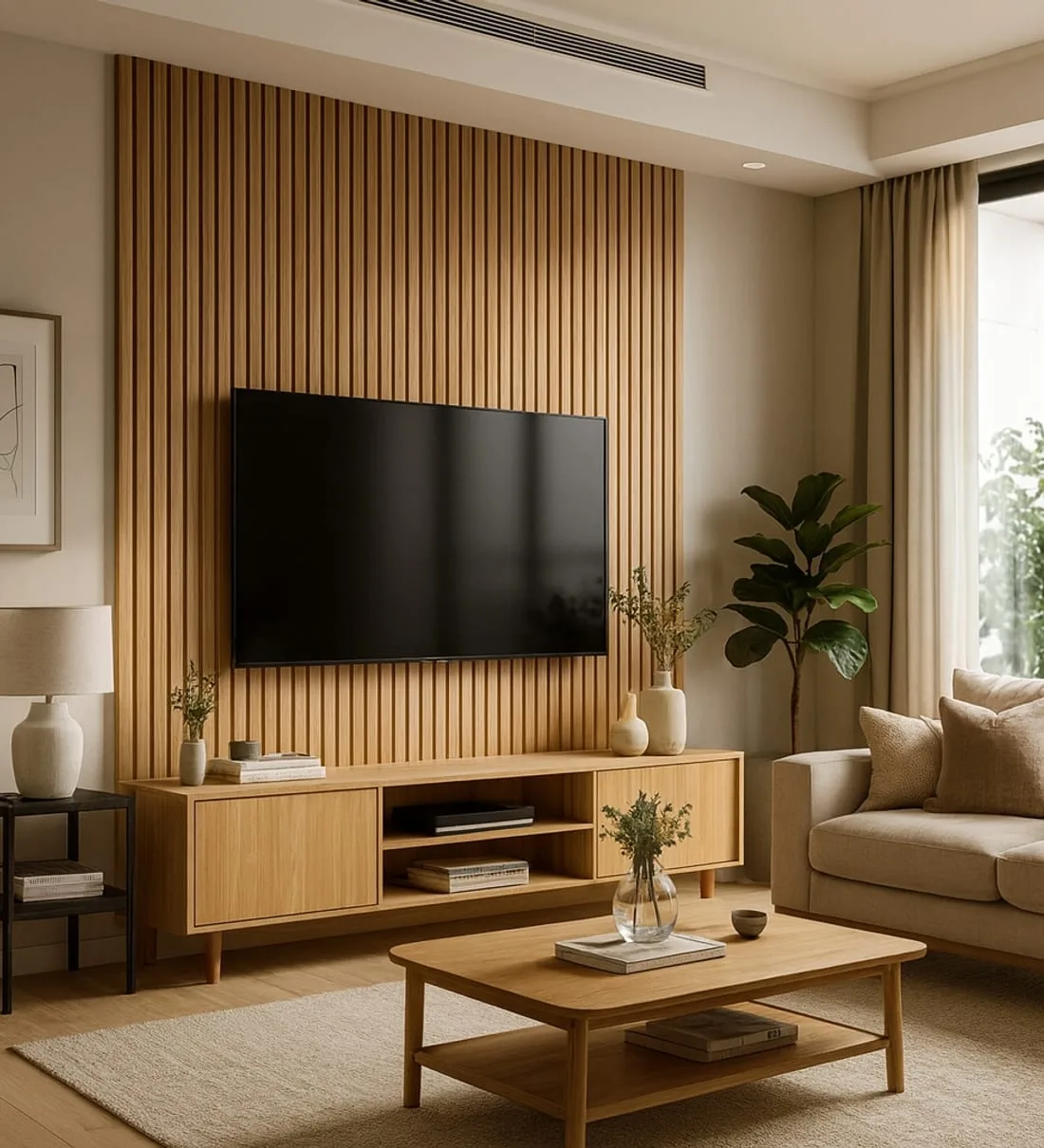 Painel ripado PVC Belo Santo aplicado em sala