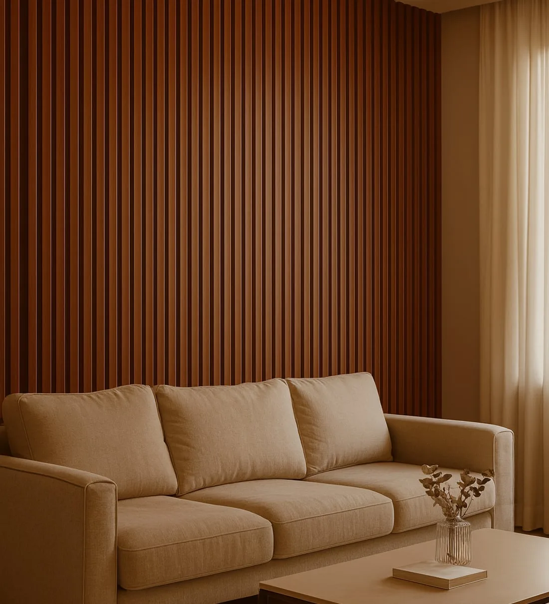 Painel ripado PVC carvalho aplicado em sala