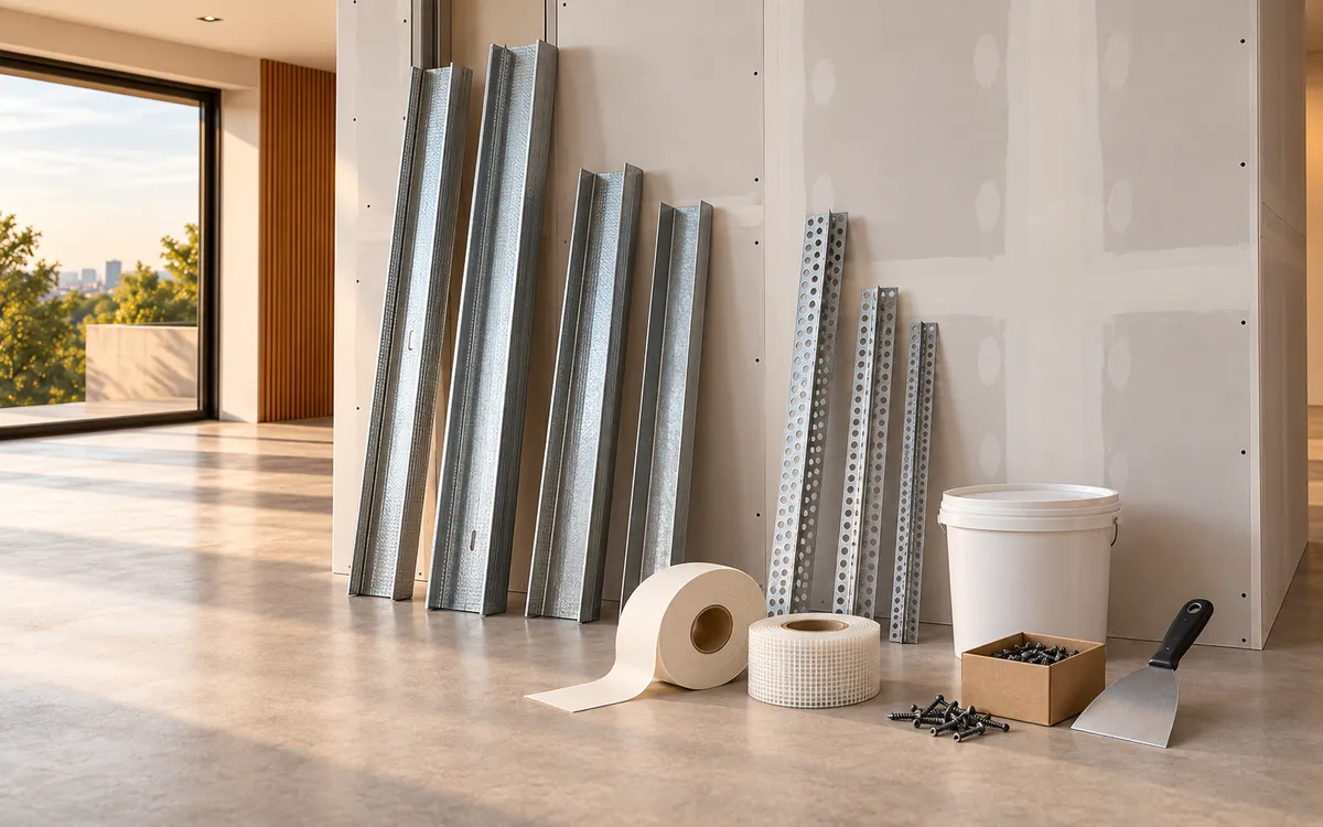 Perfis, fitas, massa, parafusos e cantoneiras para drywall