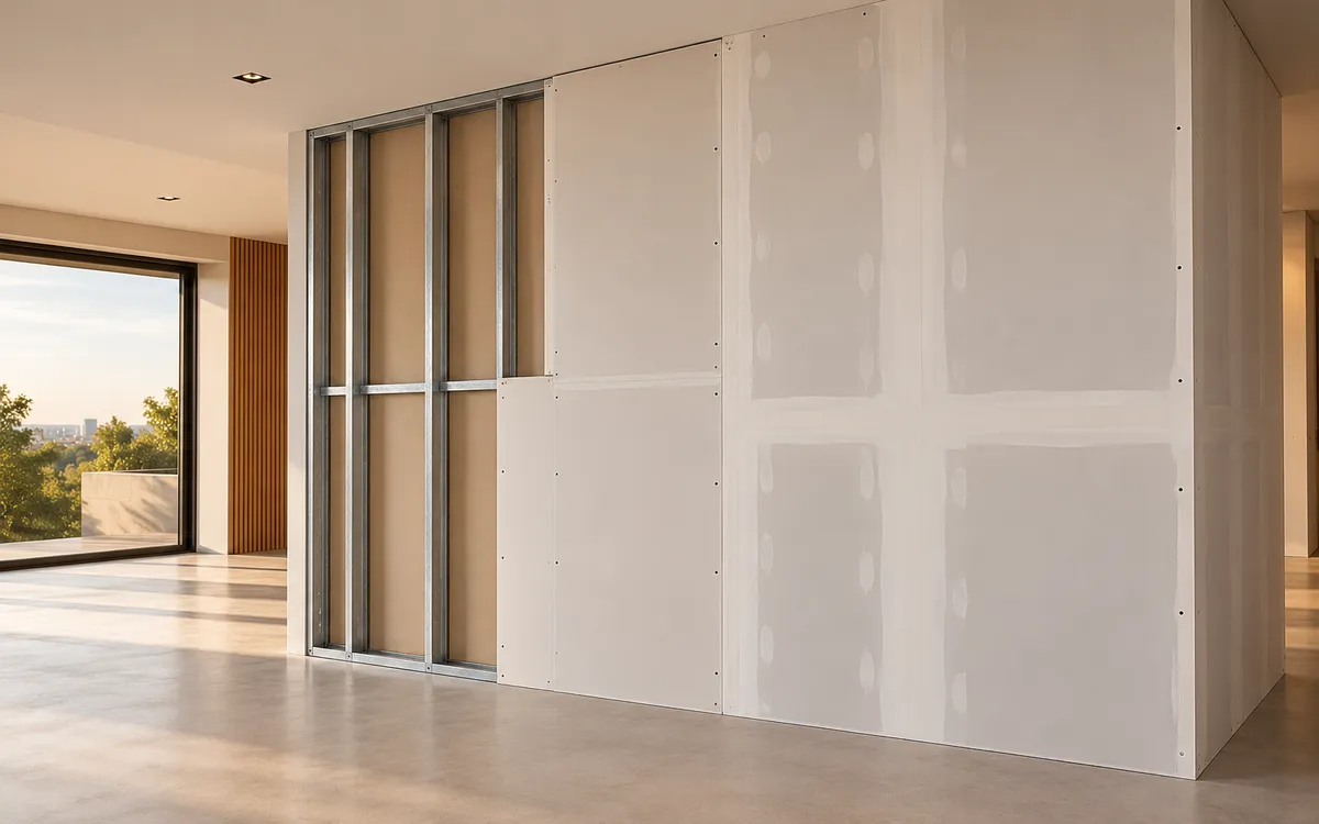 Parede de drywall com chapas de gesso parafusadas nos perfis de aço