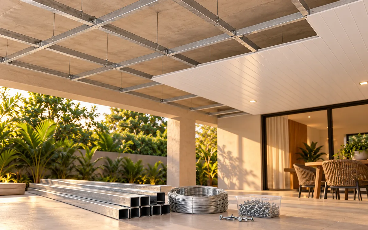Estrutura de metalon, arame e parafusos para instalar forro PVC