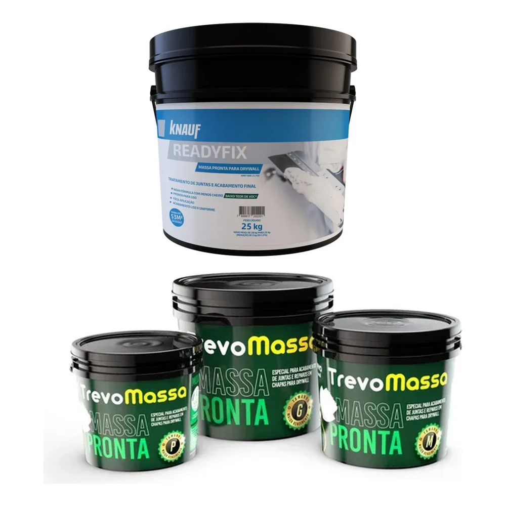 Baldes de massa pronta para drywall Knauf e Trevo