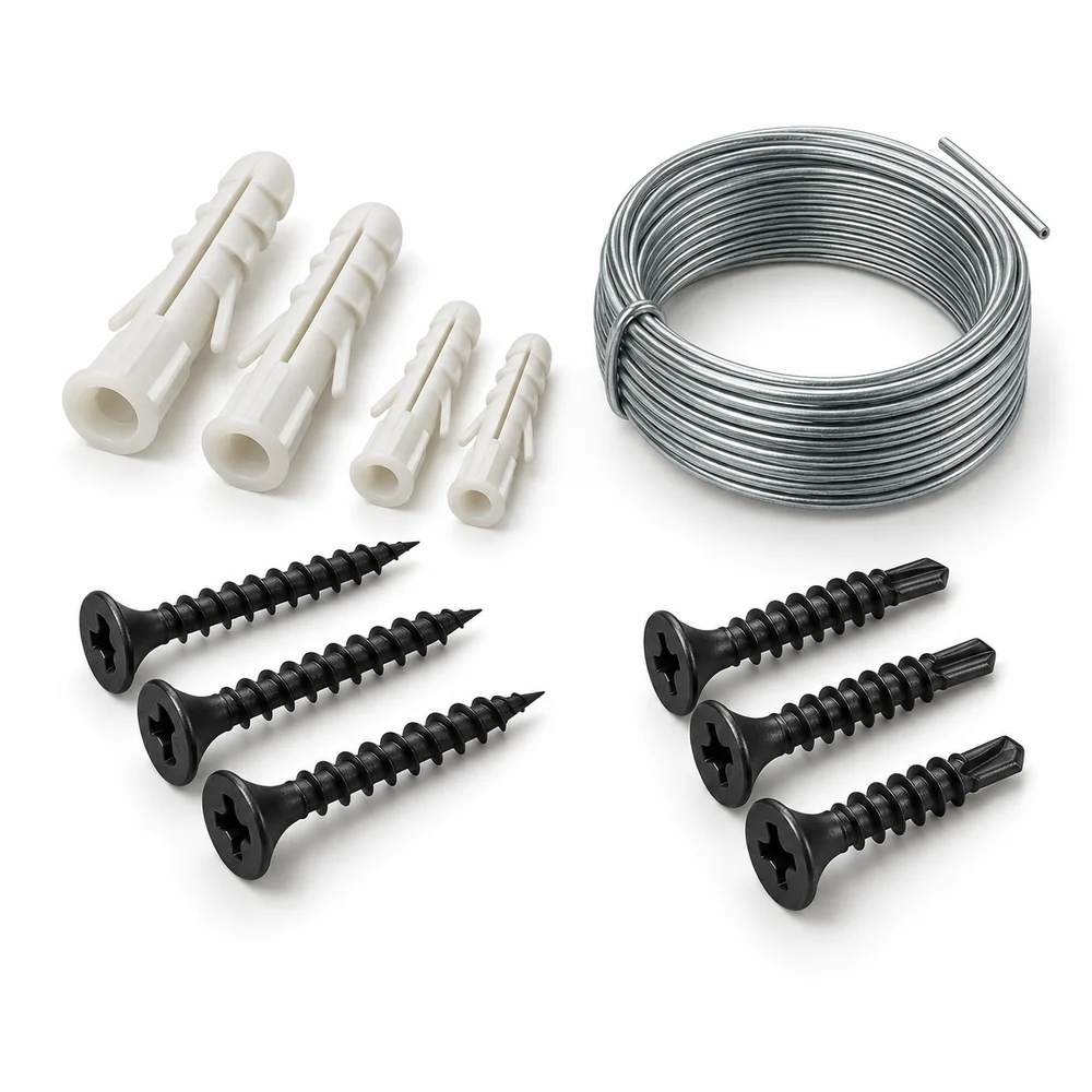 Parafusos para drywall, buchas de nylon e arame